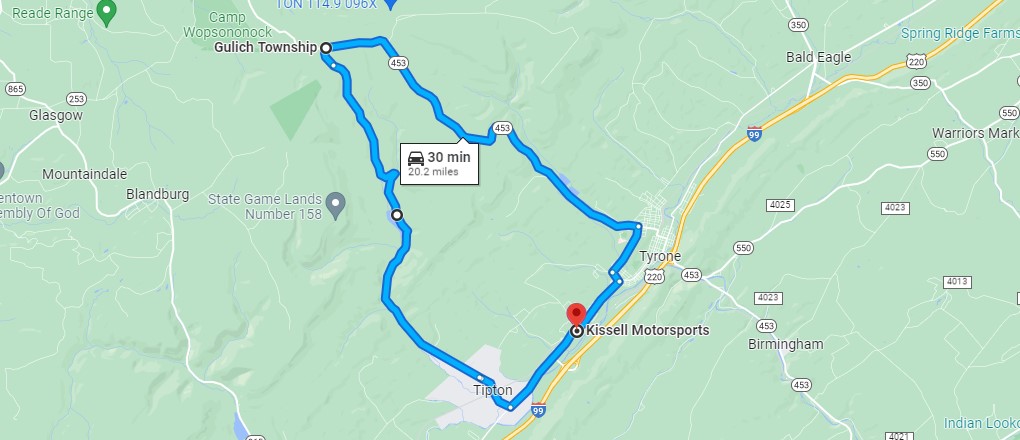A map showing the route taken on the Kissell Motorsports demo rides