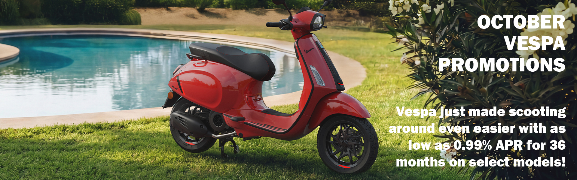Vespa scooter in the middle with words around it showing the October promotions